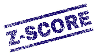 Z-SCORE seal print with distress style. Blue vector rubber print of Z-SCORE text with grunge texture. Text title is placed between parallel lines.