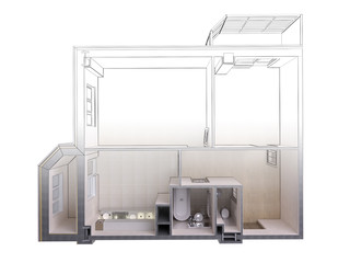 Draft sketch of a modern apartment contrasting with a realistic 3d rendering, top view, isolated