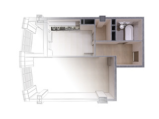 Draft sketch of a modern apartment contrasting with a realistic 3d rendering, top view, isolated