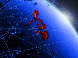 Philippines from space on model of blue digital planet Earth. Concept of blue digital technology, connectivity and travel.