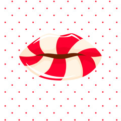 Candy cane, peppermint glossy lips design on white background with dots.
