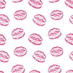 Seamless pattern with colorful lips imprints  isolated on white background.