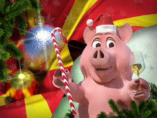 Happy New Year Pink pig against Macedonia flag silk fabric with christmas tree gold silver toy ball inside with fall snowflakes Santa Pork in Santa hat wine glass champagne and candy cane 3d render