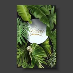 Vector round banner with green tropical leaves