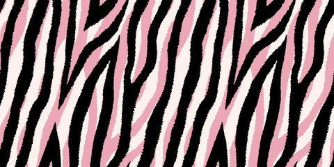 Seamless pattern with pastel pink and black zebra stripes. Vector wallpaper.
