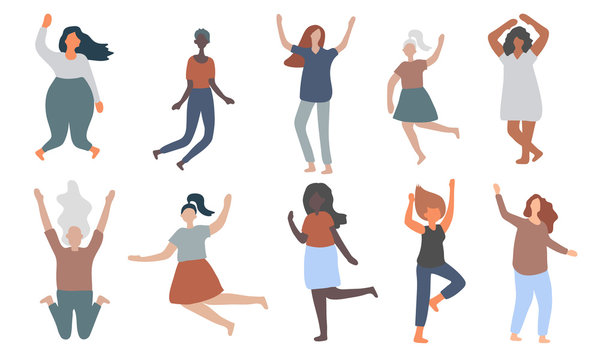 Multiracial women of different figure type and size dressed in comfort wear jump and have fun. Female cartoon characters. Body positive movement and beauty diversity. Vector illustration.