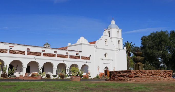 Historic Old Mission San Luis Rey fountain California. Mission San Luis Rey was a Spanish mission. Founded 1798. Active parish church congregation meet and worship. Public and tourist destination. 