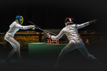 Two man fencing athlete fight on professional sports arena