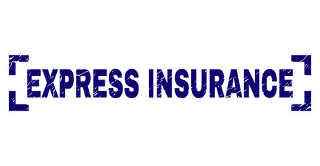 EXPRESS INSURANCE title seal print with corroded effect. Text title is placed between corners. Blue vector rubber print of EXPRESS INSURANCE with grunge texture.