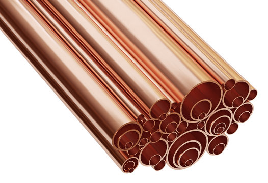 Copper pipes isolated on white background. Copper rolled metal product. 3d illustration. 