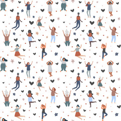Seamless background with multiracial women of different figure type and size jump and have fun. Female cartoon characters pattern. Body positive movement and beauty diversity. Vector illustration