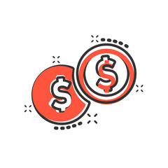 Coins stack icon in comic style. Dollar coin vector cartoon illustration pictogram. Money stacked business concept splash effect.