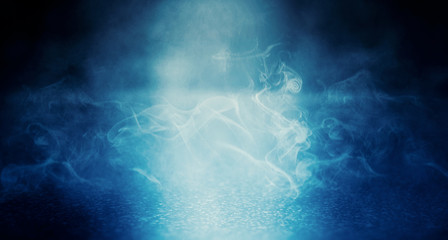 Dark blue background of an empty foggy street with wet asphalt, illuminated by a searchlight, laser beams, smoke