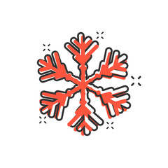 Snowflake icon in comic style. Snow flake winter vector cartoon illustration pictogram. Christmas snowfall ornament business concept splash effect.