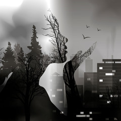 The transition from the forest to the city with the silhouette of a girl. Capture the city of wildlife. Ink effect. Double exposure on environmental issues