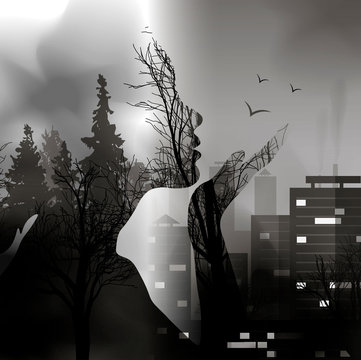 The Transition From The Forest To The City With The Silhouette Of A Girl. Capture The City Of Wildlife. Ink Effect. Double Exposure On Environmental Issues