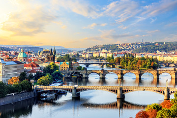 Bridges of Prague at sunrise, view from Prague Metronome
