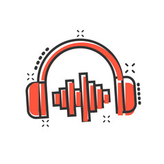 Headphone headset icon in comic style. Headphones vector cartoon illustration pictogram. Audio gadget business concept splash effect.