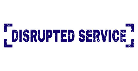 DISRUPTED SERVICE tag seal print with corroded texture. Text title is placed inside corners. Blue vector rubber print of DISRUPTED SERVICE with grunge texture.