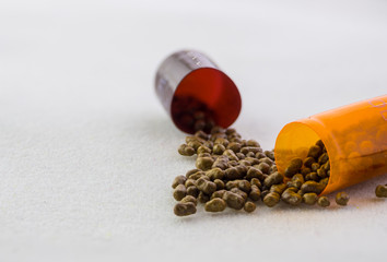 Inside of capsule medicine isolated on white background. Macro view.