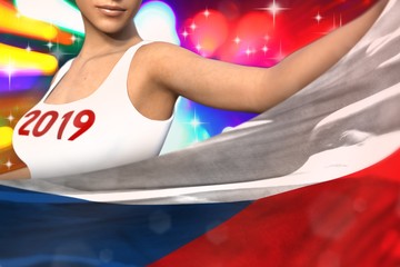 Fototapeta na wymiar pretty girl holds Czechia flag in front on the party lights - Christmas and 2019 New Year flag concept 3d illustration
