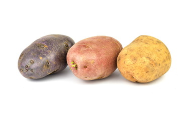 three kinds of potatos: red potato, purple (Vitelotte) potato, white potato