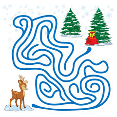 Maze game for kids with a baby deer. Help the baby deer to get to the fir-tree and a bag with Christmas gifts.