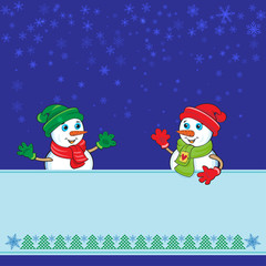 Two snowmen keeping a banner with copy place. For winter, Christmas and New year cards or advertisements. 