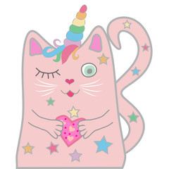 Funny pink cat unicorn closed his eyes and holds a heart in his paws. Concept of miracles and magic.