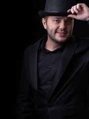 Photo of men in black hat on empty background