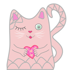 Funny pink cat closed his eyes and holds a heart in his paws. Cute girl concept