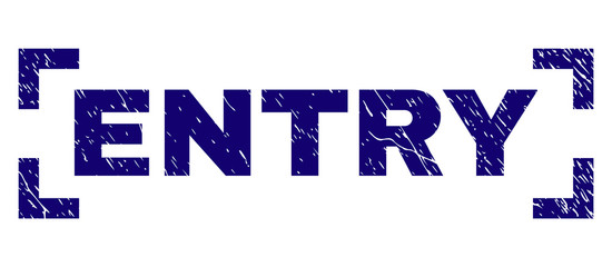 ENTRY title seal imprint with corroded style. Text title is placed inside corners. Blue vector rubber print of ENTRY with corroded texture.