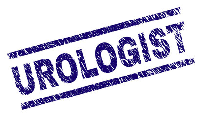 UROLOGIST seal print with grunge style. Blue vector rubber print of UROLOGIST caption with grunge texture. Text title is placed between parallel lines.