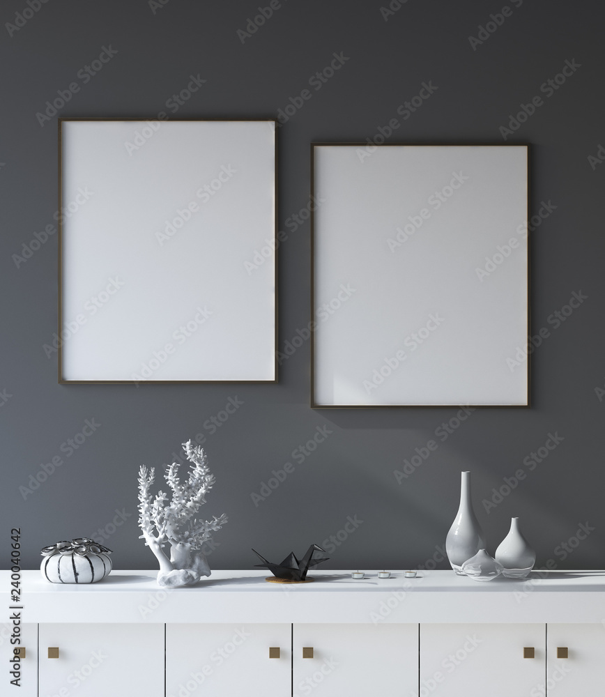 Wall mural mockup poster frame in dark living room interior background, 3d render