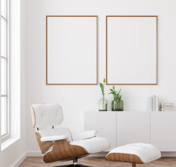 Mockup poster frame in white living room interior background, Scandinavian style, 3d render - obrazy, fototapety, plakaty