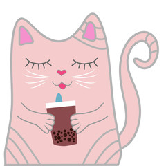 Funny pink cat closed his eyes and holds a drink in his paws. Cute girl concept