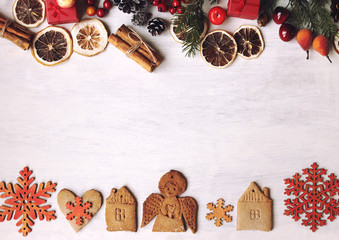 Christmas background with fir branches, decorations/ flat lay /top view