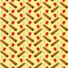 cinnamon sticks and cherry berries pattern yellow background