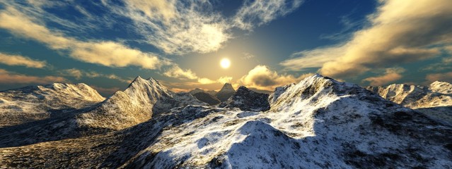 Beautiful panorama of mountain peaks in the snow at sunset, sunrise over the mountains,
