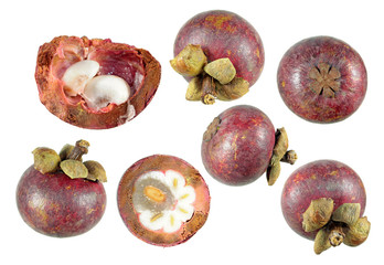 Big set of Purple mangosteen fruits isolated on white background