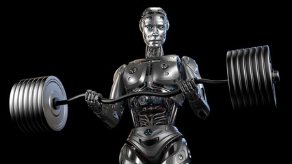 Futuristic robot man working out with barbell. Very strong cyborg lifting heavy weights or training his muscles. Isolated on black background. 3d Illustration.