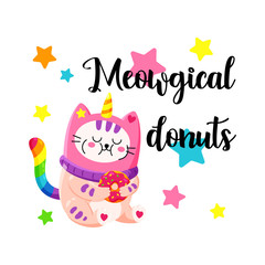 Cute cartoon vector doodle cat.