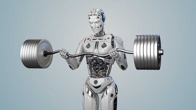Futuristic robot man working out with barbell. Very strong cyborg lifting heavy weights or training his muscles. Isolated on color background. 3d Illustration.	