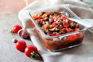 Vegetable sauté with eggplant, red bell pepper and tomatoes