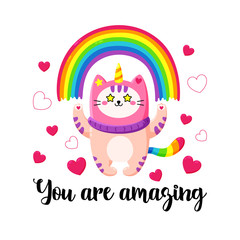 Cute cartoon vector doodle cat.