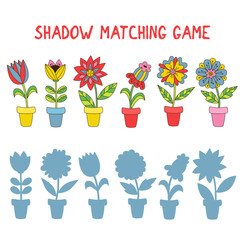 Flowers in pots mathcing shadow game  vector illustration