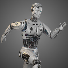 Humanoid robot or futuristic cyborg running on grey background. 3D illustration