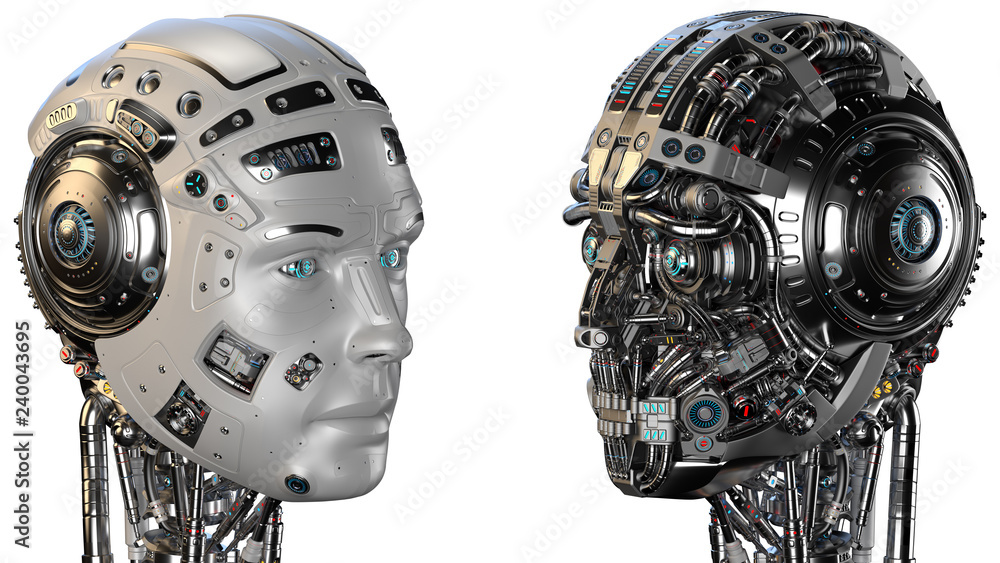 Poster robot faces or two futuristic cyborg heads looking at each other. isolated on white background. 3d r