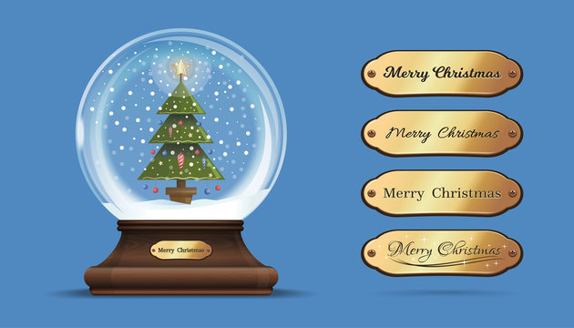 Snow globe with a a Christmas tree inside. Glass sphere on an elegant wooden stand with interchangeable gold sign with congratulatory inscription. Merry Christmas. Vector illustration