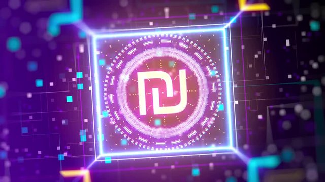 Israeli new Shekel currency logo reveal. Financial sign on digital background.